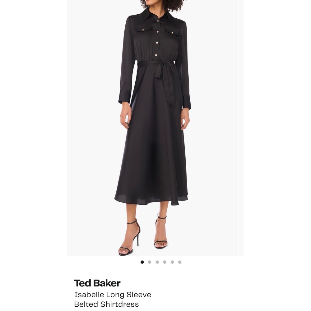 Ted Baker Isabelle Long Sleeve Shirtdress Black Satin Midi Dress  Size S